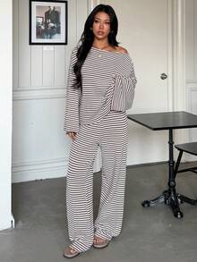 Women's Striped Knit 2 Pieces Set, Including Cropped Top And Wide Leg Pants, Elegant Casual Outfit, Medium Stretch Fabric, Suitable For Daily Wear - Coffee Brown - View 7