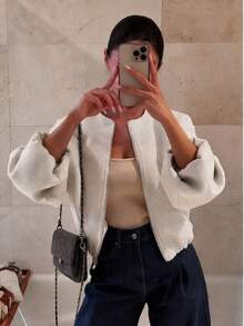 European & American Minimalist Style Round Neck Jacket For Women, Design Lantern Sleeve Short Loose Casual Outerwear - White - View 4