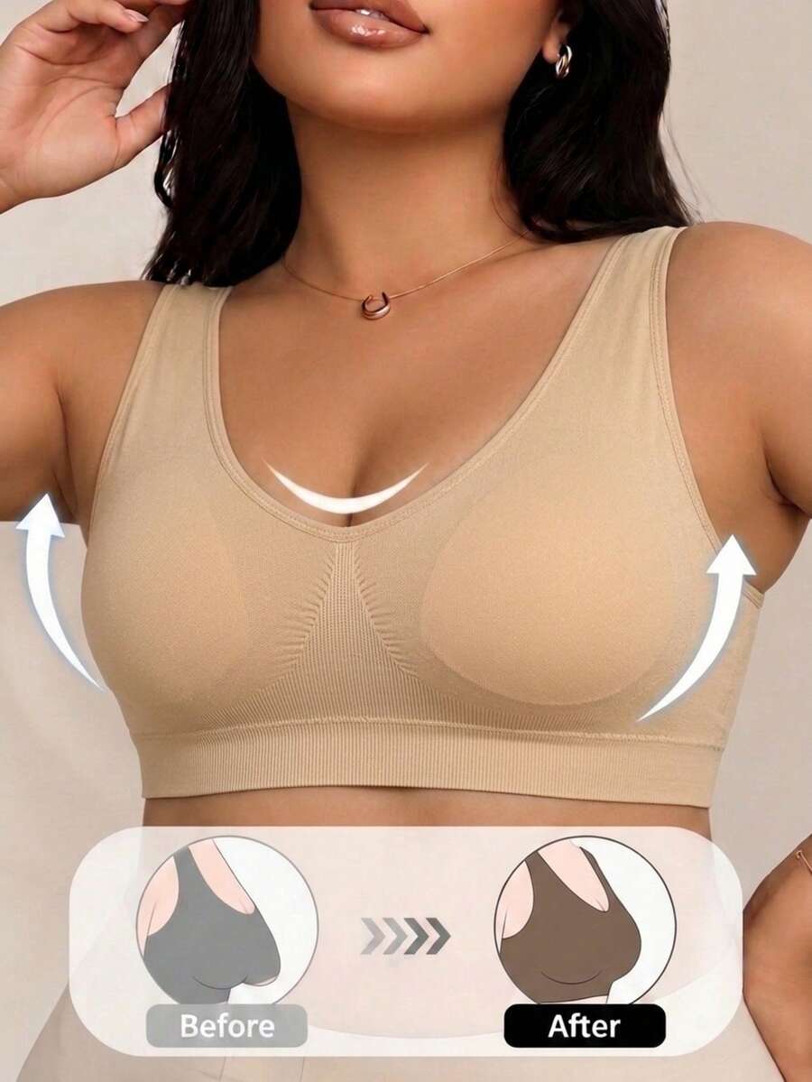 Oillpretty Black Plus Size Women's Wide Strap V-Neck Seamless Shaping Bra, Soft High Elasticity Wireless Support Tank Style Bra, Seamless Invisible Design To Smooth Back And Underarm Fat, Suitable For Dresses And Tops - Apricot - View 1