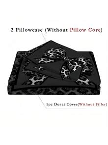 3pcs Black & Gray Leopard Print Bow Pattern Duvet Cover Set (1 Duvet Cover + 2 Pillowcases, No Fill), Soft & Breathable Fabric, Machine Washable, Suitable For All Seasons, Bedroom And Guest Room Bedding Decor - Multicolor - View 3