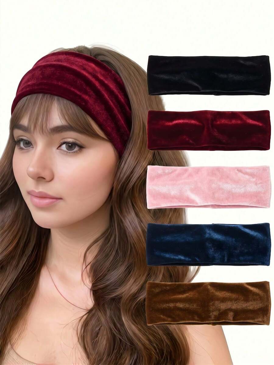 5pcs Women's Velvet Wide Elastic Soft Headbands, Non-Slip Hair Accessories, Fashion Headwear, Autumn/Winter