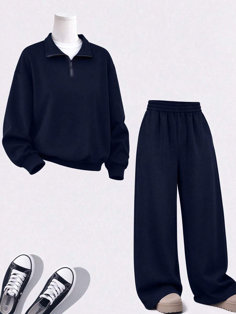 2pcs/Set Teen Girls Outfit Polo Collar Half-Zip Sweatshirt With Simple Casual Versatile Wide Leg Pants, Comfortable Autumn/Winter New Style - Navy Blue - View 1