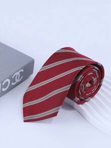 1pc Men's Red Striped Polyester Tie, College Style Student Uniform Groom Shirt Matching Decorative Hand-Tied Necktie - Red - View 1