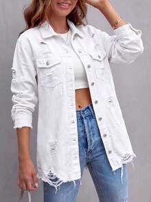 Women's White Long Sleeve Distressed Regular Fit Denim Jacket With Collar Buttons And Frayed Hem, Fashionable Outerwear - White - View 3