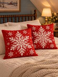 2pcs Red Snowflake Christmas Pillow Covers, Faux Super Soft Decorative Cushion Covers, Single-Sided Print, Pure White Back, 40x40/45x45/50x50cm, Pillow Insert Not Included - Multicolor - View 5