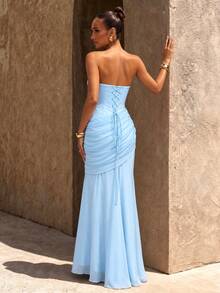 UNITHORSE [Random Cut]Bandeau Waist-Cinched Backless Tie Chiffon Elegant Evening Gown - Baby Blue - View 2