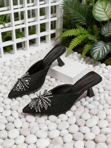 Women's Black Pointed Toe Mule High Heel Shoes, Rhinestone Decor Slip-On Sandals - Black - View 5
