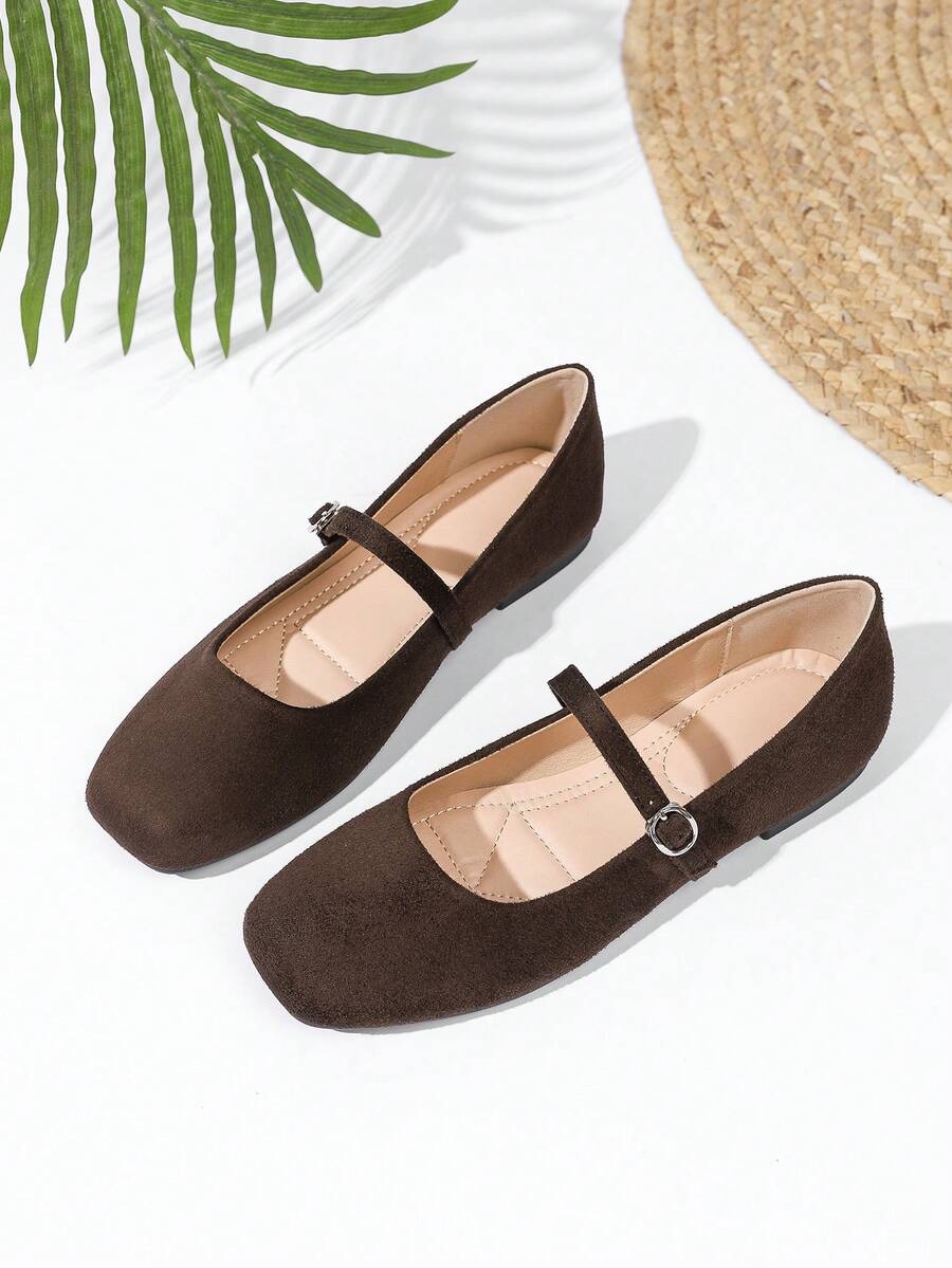 JiaYunNvXie Velvet Mary Jane Square Toe Flat Shoes, Coffee Color