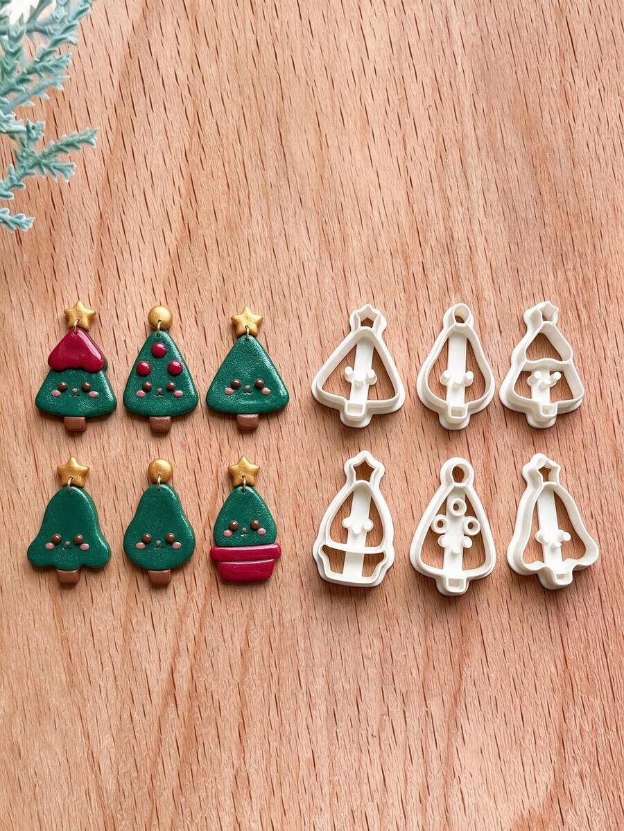 Mini Christmas Tree Polymer Clay Cutters, Cute Kawaii Xmas Potted Tree Star Topper Molds For DIY Handmade Earring Pendant Jewelry Craft Making - White - View 1