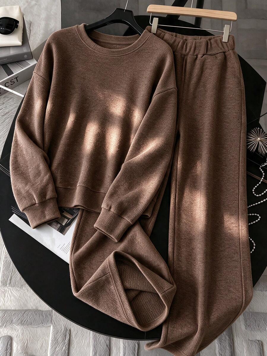 Plus Size Women's Autumn/Winter Casual Solid Color & Print Round Neck Long Sleeve Brown Knit Sweater, 2 Pieces Sweater Set - Brown - View 1