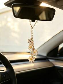1pc Initial Letter Daisy Rearview Mirror Hanging Ornament, Personalized Alphabet Alloy Daisy Pendant Car Interior Decor, Car Accessories For Auto Windshield - A - View 5