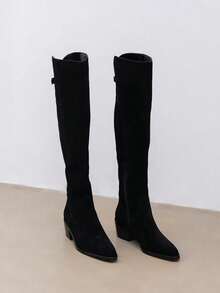 2026 New Thick Heel Over-The-Knee Boots For Women, Slimming Tall Boots With Wide Shaft, High Heel Pointed Toe Suede Riding Boots - Black - View 3