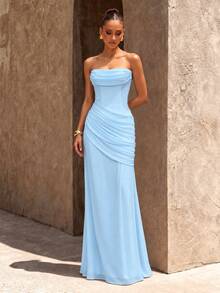 UNITHORSE [Random Cut]Bandeau Waist-Cinched Backless Tie Chiffon Elegant Evening Gown - Baby Blue - View 3