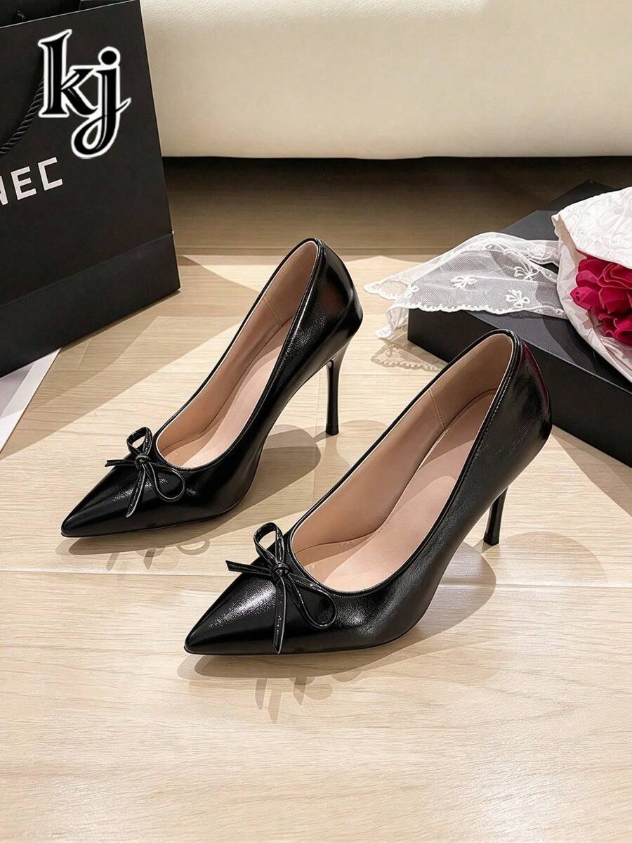 Black Glossy Bow Decor Pointed Toe Stiletto High Heels, Women's Fashion Pumps, Elegant High Heels Suitable For Dates And Parties - Black - View 1
