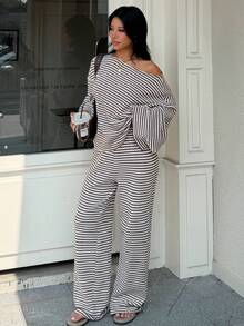 Women's Striped Knit 2 Pieces Set, Including Cropped Top And Wide Leg Pants, Elegant Casual Outfit, Medium Stretch Fabric, Suitable For Daily Wear - Coffee Brown - View 3
