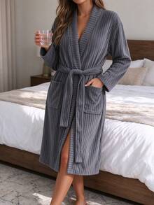 Women's Minimalist Ribbed Knit Vertical Stripe Robe, Soft Shawl Collar Tie Waist Long Robe With Pockets, Bathroom & Home Wear - Grey - View 6