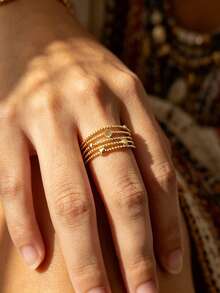 Charm-In Dainty Multi Layer Bead Open Cuff Ring, 18K Gold Plated Copper, Bold Statement Ring For Club, Holiday & Birthday Gift - Gold - View 4