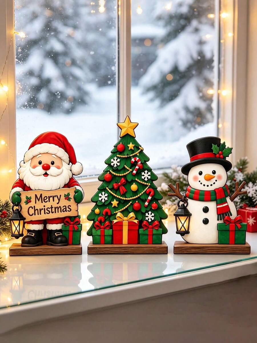 3pcs Christmas Desktop Decorations, Including Santa Claus, Christmas Tree And Snowman, Suitable As Christmas Table Centerpiece, Winter Holiday Home Window Sill, Fireplace Desktop Decor, Also For Home Decor, Office Decor And Theme Party Arrangement - Multi-color - View 1