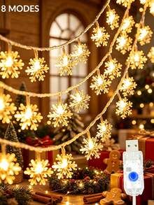 1pc 8 Light Modes USB Powered Christmas Snowflake String Lights, Holiday Party Decoration, Indoor Room Wall/Window Decor Snowflake Lights, Home Decor, Christmas Decoration Lights, Christmas Tree Decoration Lights - White - View 12