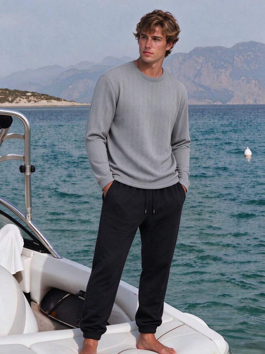 Camvyn Men's T-Shirt Set, Autumn/Winter Round Neck Ribbed Design Long Sleeve T-Shirt With Casual Pants, Versatile For Daily Wear - Dark Grey - View 1