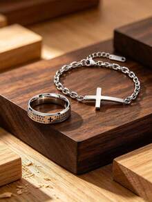 Men's Faith Jewelry Set Stainless Steel Cross Necklace + Cross Scripture Engraved Ring Religious Christian Men's Gift Wedding Anniversary Gift - Jewelry Set - View 9