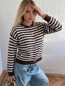 Plus Size Women's Striped Cardigan, Long Sleeve Loose Casual Autumn/Winter Outerwear - Brown - View 10