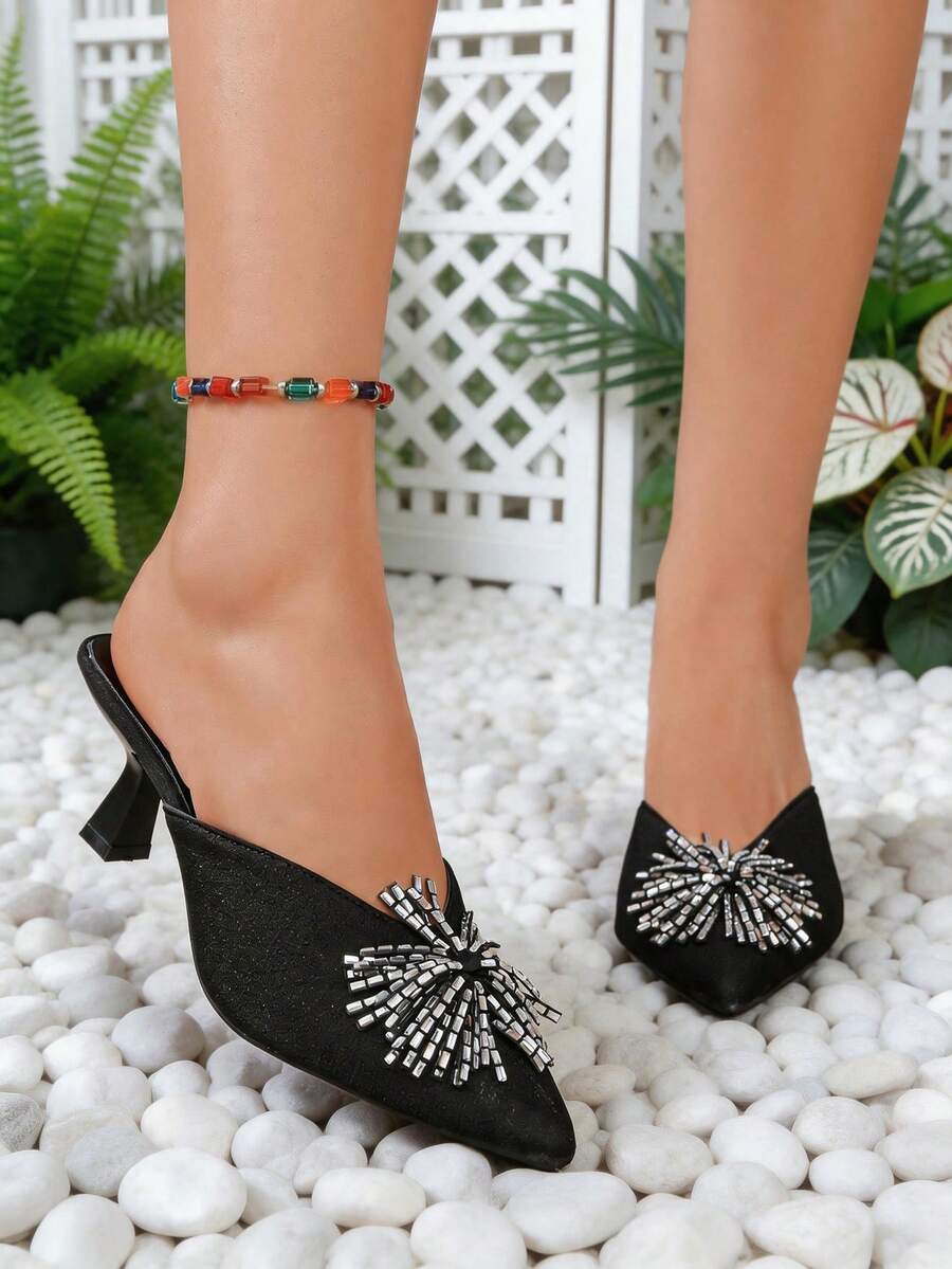 Women's Black Pointed Toe Mule High Heel Shoes, Rhinestone Decor Slip-On Sandals - Black - View 1