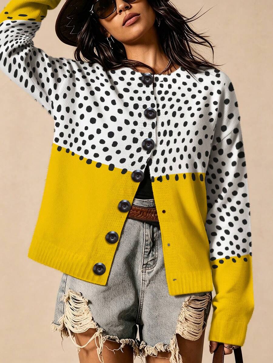 ASHKATIA Women's Plus-Size Thin Sweater Cardigan For Autumn And Winter Yellow Polka Dot Color-Contrast Print - Multicolor - View 1