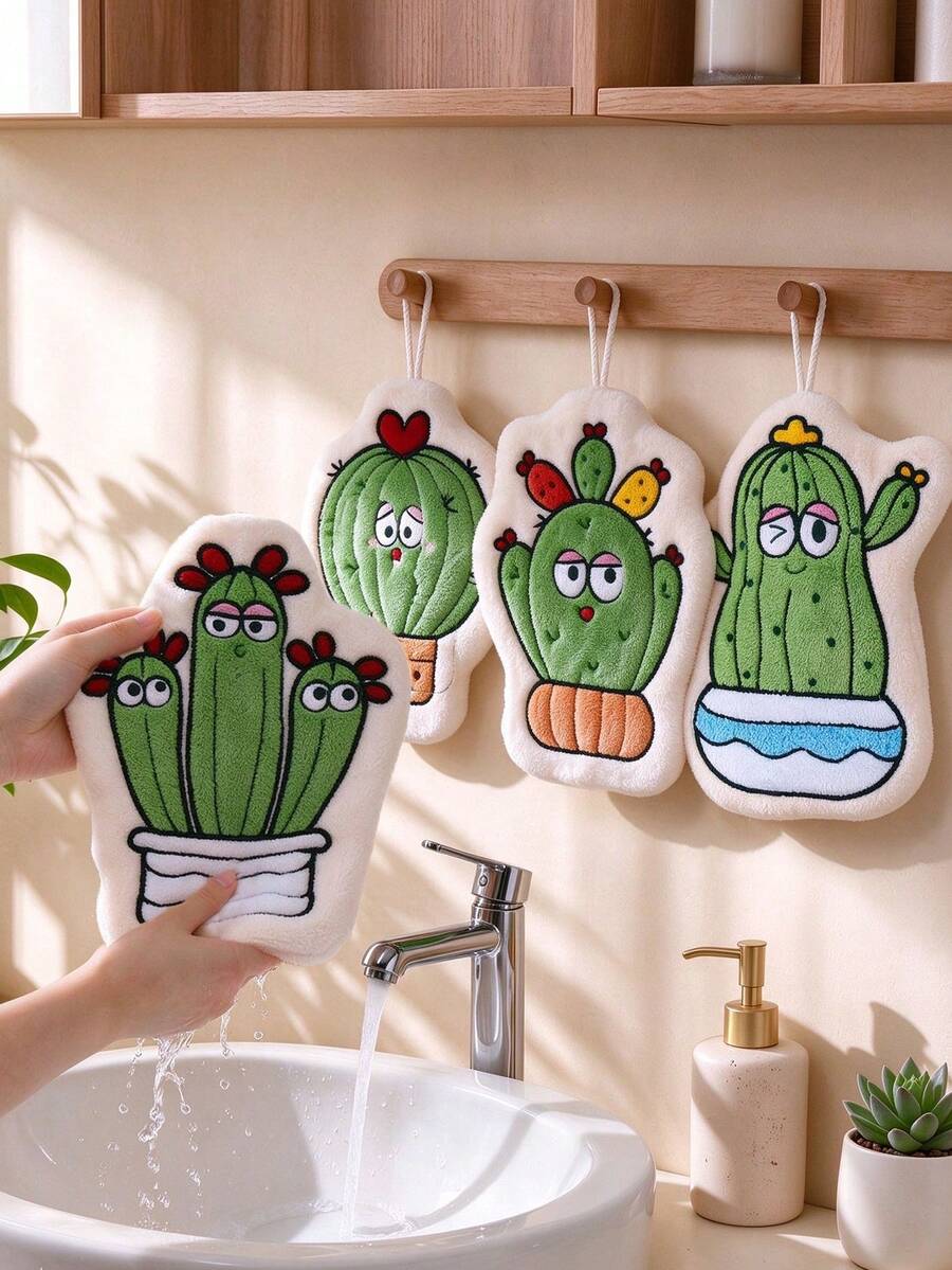 8/4pcs Thickened Double-Layer Cute Embroidered Cactus Shaped Hanging Hand Towels, Coral Fleece Super Absorbent Quick Dry Towels, Kitchen Bathroom Home Cleaning Hanging Towels, Holiday Gift - Multicolor - View 1