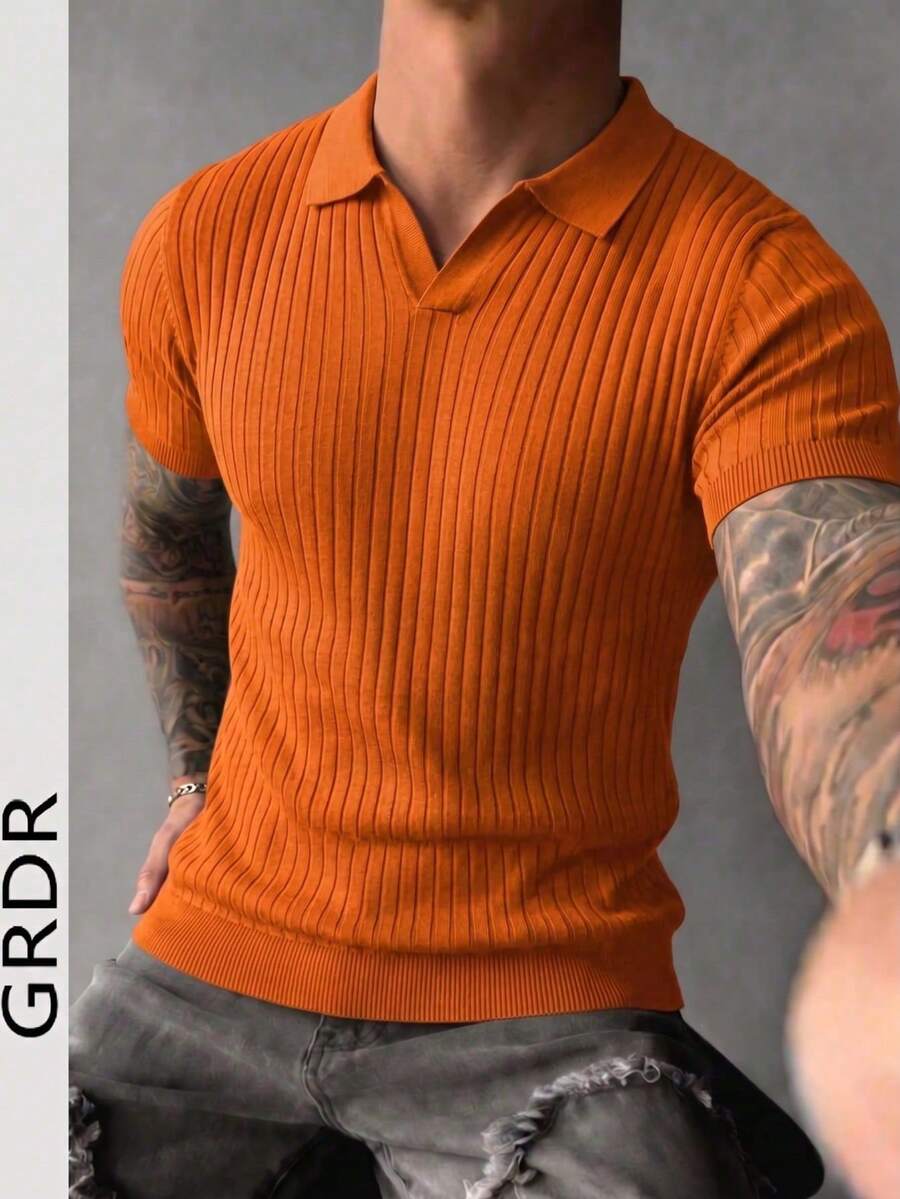 GRDR Men's Summer Airplane Collar Ribbed Solid Color Short Sleeve Knit Sweater, Suitable For Summer Outings, Essential For Fashionable Styling