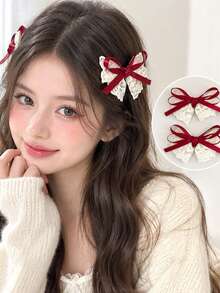 ML&ZA Vintage Lace Bow Hair Clip, Burgundy Satin Bow Hair Clip, Sweet Pastoral Style Side Fringe Hair Accessory, Suitable For Girls And Women - Multicolor - View 1