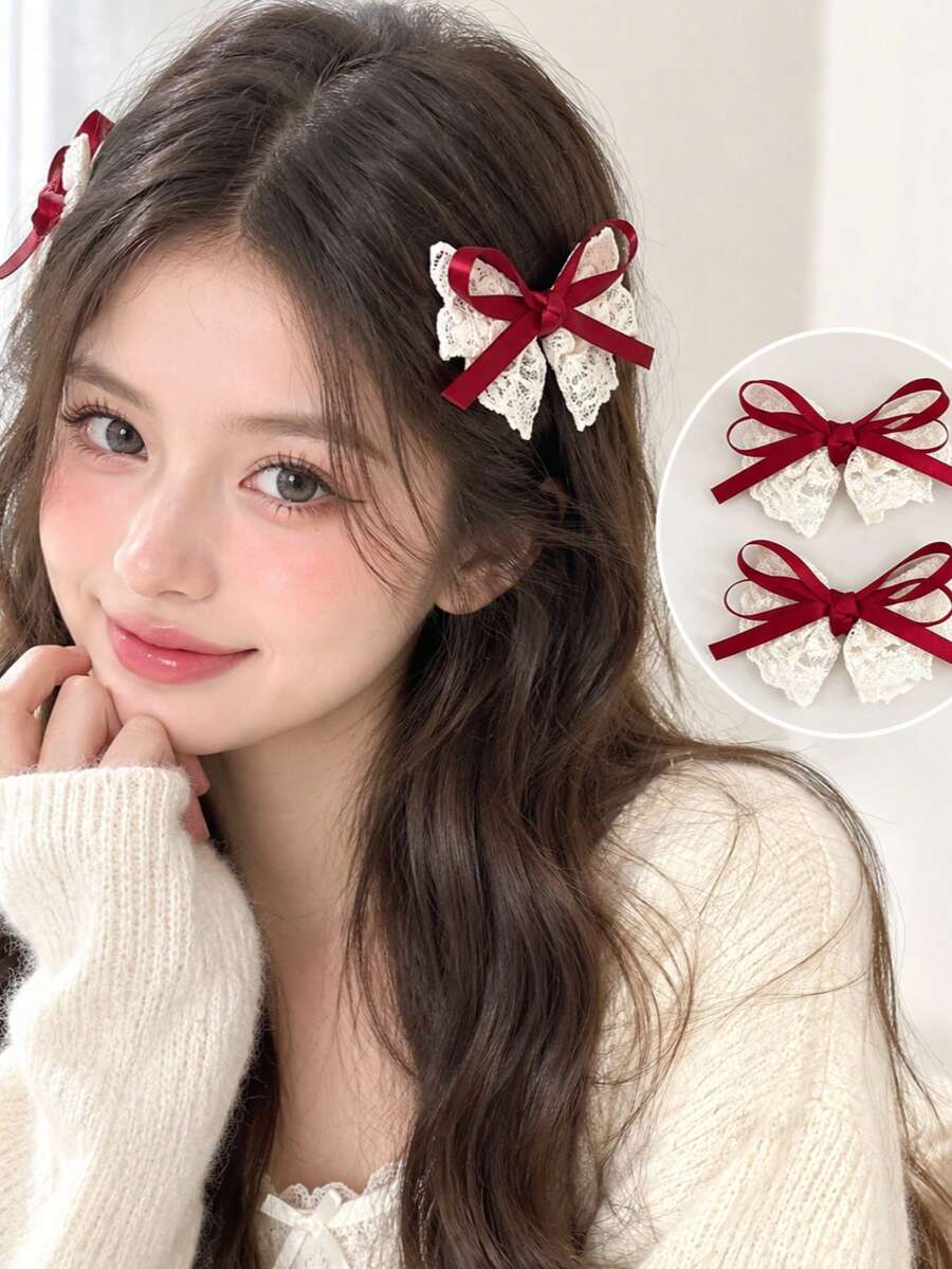 ML&ZA Vintage Lace Bow Hair Clip, Burgundy Satin Bow Hair Clip, Sweet Pastoral Style Side Fringe Hair Accessory, Suitable For Girls And Women - Multicolor - View 1