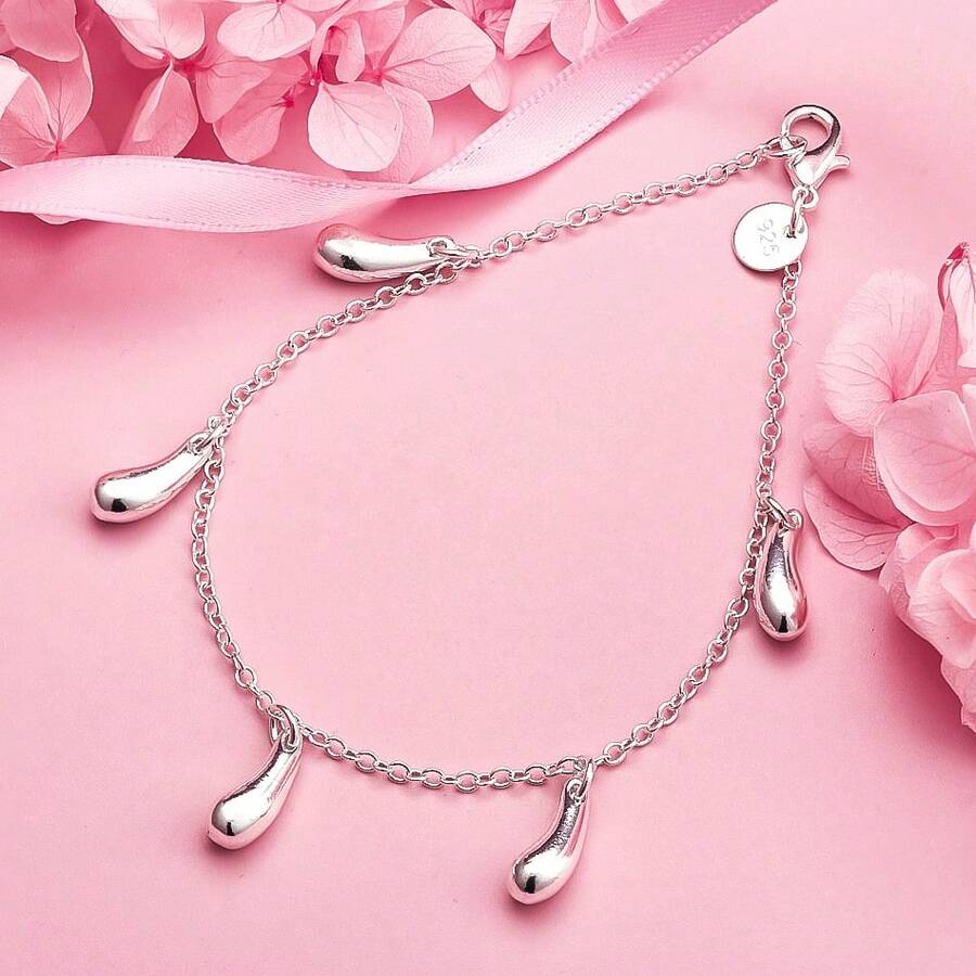 1pc 925 Silver-Plated Exquisite Polished Teardrop Bracelet – Fashionable Jewelry Accessory For Women For Weddings And Parties - Silver - View 1