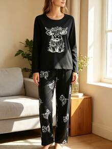 2pcs Women's Pajama Set, Autumn/Winter, 2-Piece Set, Round Neck Long Sleeve Pullover Top And Loose Elastic Waist Pants, Suitable For All Seasons, Home Wear, Outdoor Wear, Comfortable And Loose, Highland Cow Print Pattern - Black - View 2
