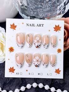 10 Pieces Of Handmade Press On Nails,Nails,Fake Nails,Press On Nails Acrylic,Fall&Winter Nails,White Zebra French Tip,3d Flower,Gold Swirl Line And Mixed Rhinestone Decor For Daily Commuting And Friend Gathering For Women - Follow Your Heart - View 12