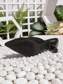 Women's Black Pointed Toe Mule High Heel Shoes, Rhinestone Decor Slip-On Sandals - Black - View 8