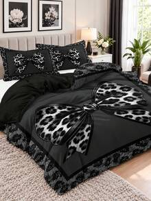 3pcs Black & Gray Leopard Print Bow Pattern Duvet Cover Set (1 Duvet Cover + 2 Pillowcases, No Fill), Soft & Breathable Fabric, Machine Washable, Suitable For All Seasons, Bedroom And Guest Room Bedding Decor - Multicolor - View 1