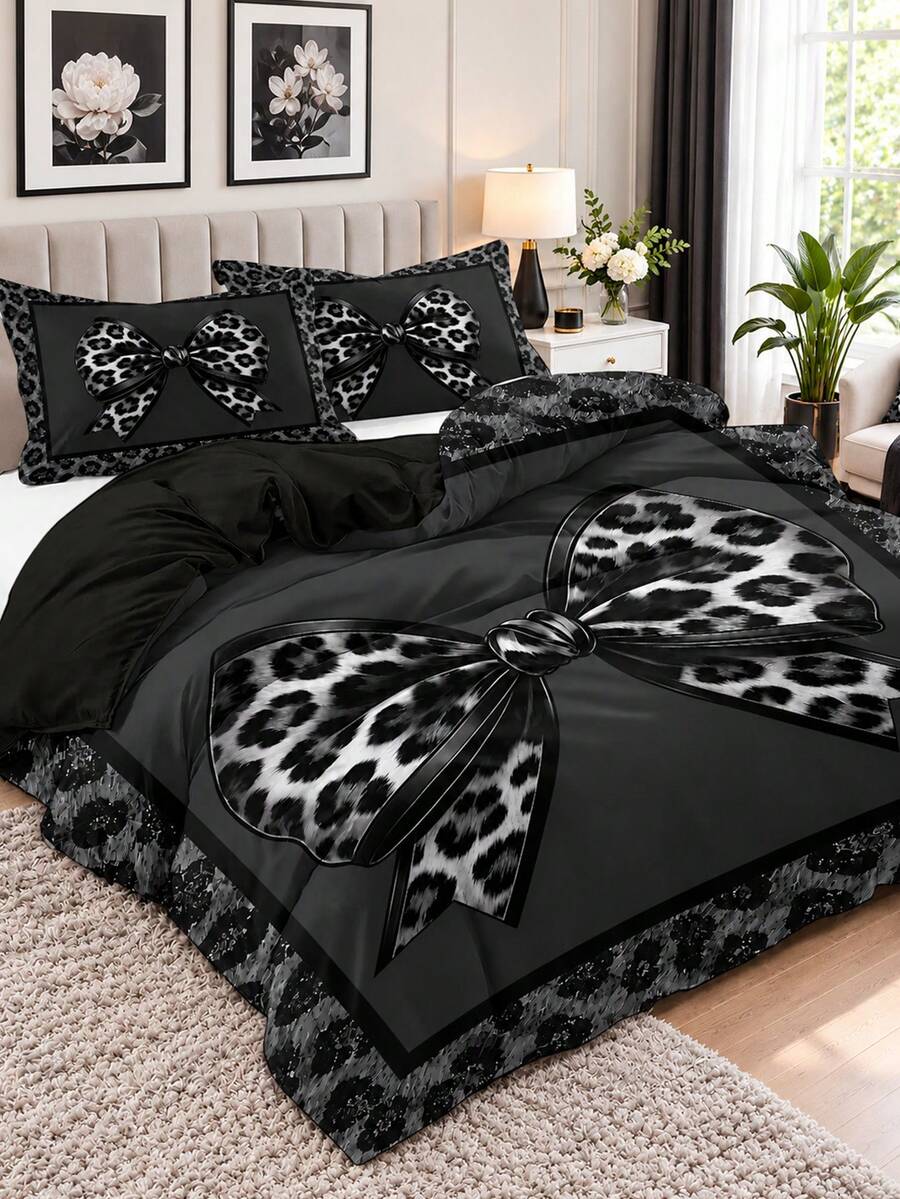 3pcs Black & Gray Leopard Print Bow Pattern Duvet Cover Set (1 Duvet Cover + 2 Pillowcases, No Fill), Soft & Breathable Fabric, Machine Washable, Suitable For All Seasons, Bedroom And Guest Room Bedding Decor - Multicolor - View 1