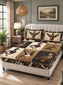 3pcs Bed Sheet Set (1PC Bed Sheet + 2pcs Pillowcases, Pillow Inserts Not Included,) Polyester Digital Print, Duck & Water Bird Plaid Pattern Bedroom Supplies, Machine Washable, Daily Bedroom Home Textiles - Multicolor - View 4