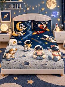 3pcs Bed Sheet Set (1PC Bed Sheet + 2pcs Pillowcases, Pillow Inserts Not Included,) Polyester Digital Print, Space Puppy Astronaut Moon Cartoon Pattern Bedroom Supplies, Machine Washable, Daily Bedroom Home Textile Products - Multicolor - View 14