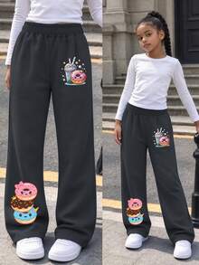 1pc Boys' Simple Casual Daily Wide Leg Pants, Milk Tea And Donut Print, Autumn/Winter New Comfortable Bottoms, Suitable For Boys' Everyday Wear - Dark Grey - View 4