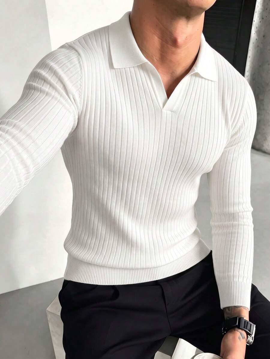 Men's Autumn/Winter Fashion Ribbed Square Shoulder Polo Collar Long Sleeve Sweater, Business/Casual Essential