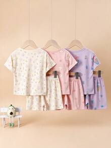 6pcs/Set Young Girl Cartoon Print Short Sleeve Shorts Pajamas Set, Summer Lightweight Homewear Suit For Young Girl - Multicolor - View 3