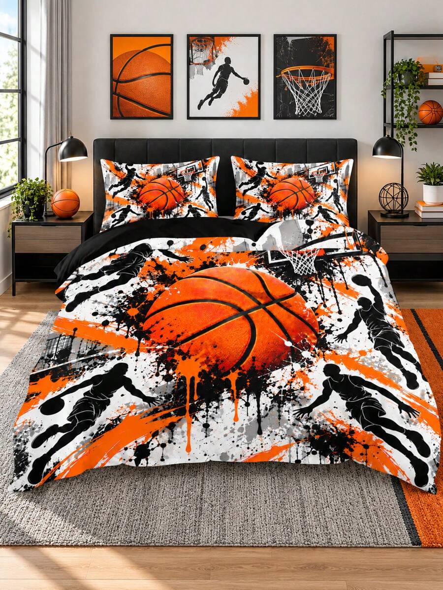3pcs Splatter Basketball Pattern Duvet Cover Set (1 Duvet Cover + 2 Pillowcases, No Inserts), Soft And Breathable Fabric, Machine Washable, Suitable For All Seasons, Bedroom And Guest Room Bedding Decor - Multicolor - View 1