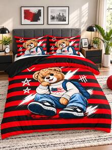 3pcs Red & Black Striped Cartoon Bear Pattern Printed Duvet Cover Set (1 Duvet Cover + 2 Pillowcases, No Fill), Soft & Breathable Fabric, Machine Washable, Suitable For All Seasons, Bedroom And Guest Room Bedding Decor - Multicolor - View 8