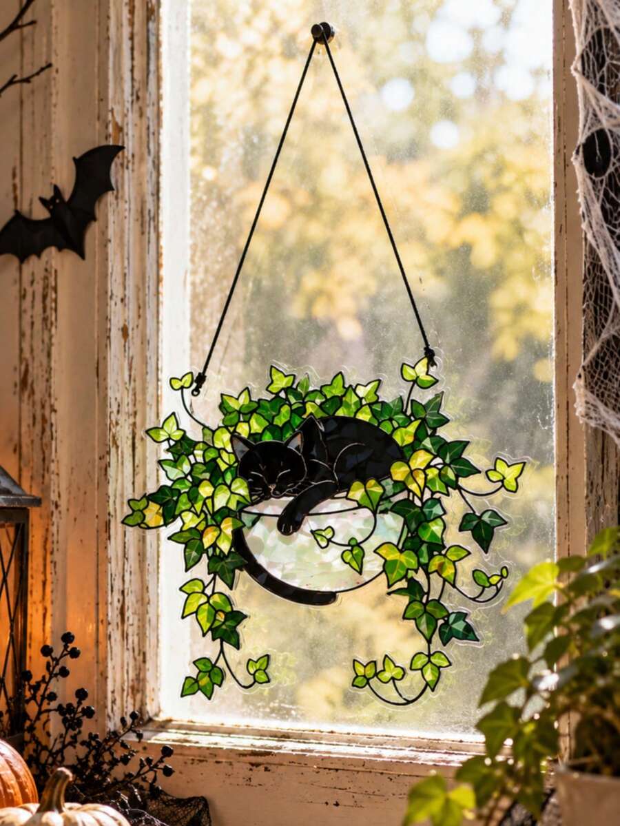 1pc Halloween Hanging Decor Black Cat Acrylic Window Pendant, Holiday Party Background Decoration, Suitable For Wall, Glass Window, Door Frame, Home Indoor Background Decoration Gift