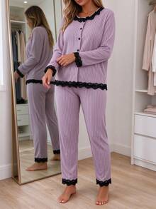 2pcs/Set Autumn/Winter Women's Ribbed Fleece Pajama Set, Casual Round Neck Long Sleeve Cardigan And Pants, Lace Collar Design, Ribbed Brushed Fabric, Elegant And Comfortable Wearable Sleepwear Loungewear Set - Mauve Purple - View 5