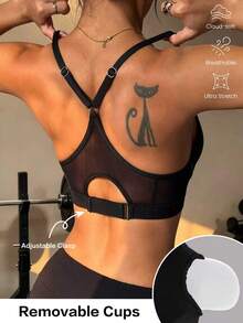 Women's Solid Color Removable Padded Mesh Patchwork Fashionable Sexy Knitted Sports Bra Black Spring Fall - Black - View 8