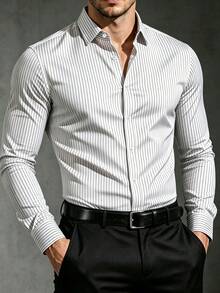 Men's Fashion Business Casual Striped Print Long Sleeve Shirt,Fall - White - View 2