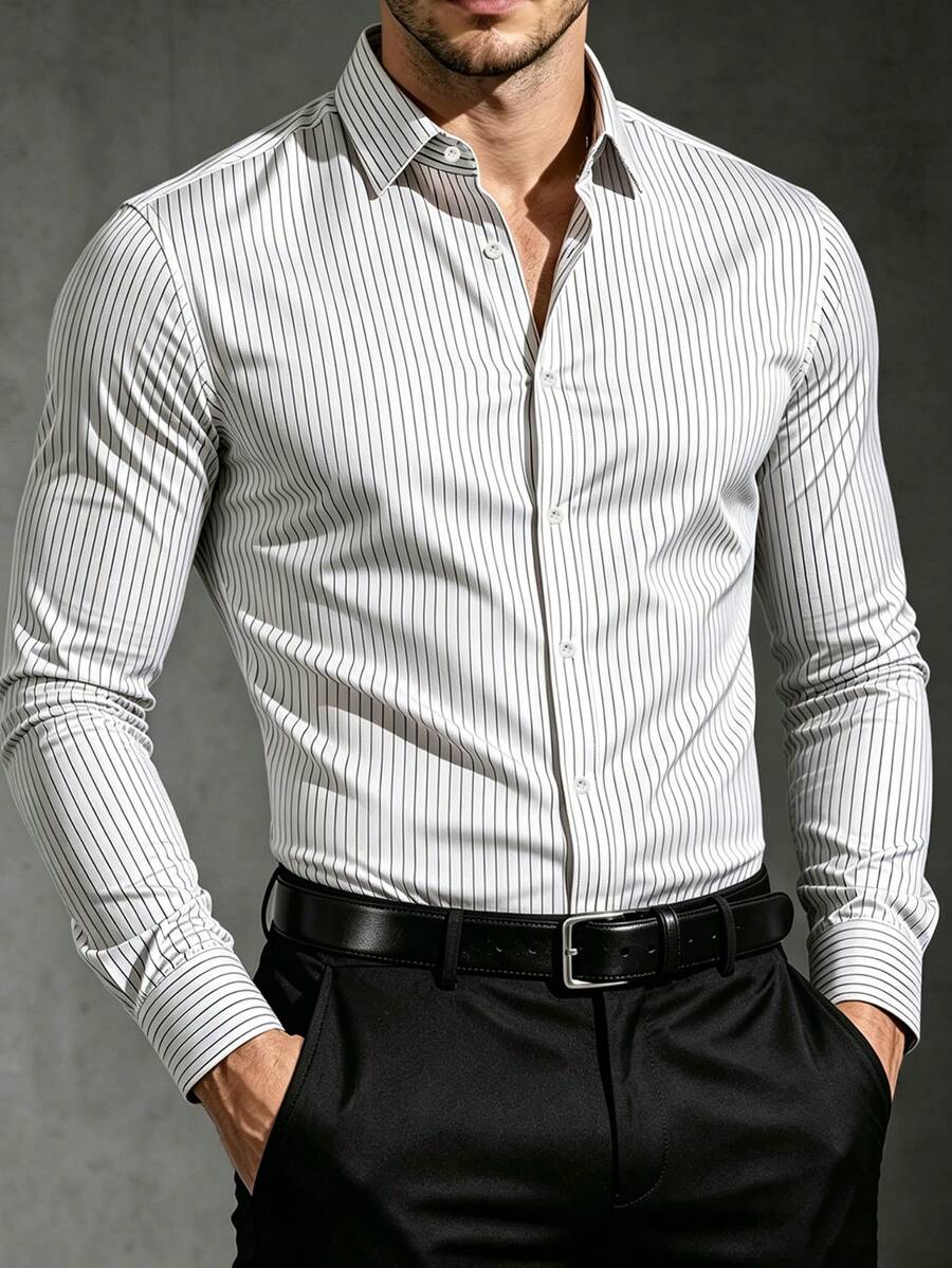 Men's Fashion Business Casual Striped Print Long Sleeve Shirt,Fall